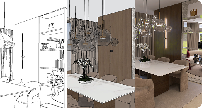 3-teilige 3D-Visualisierung eines von Irene Interior Design Studio geplanten Ess- und Wohnbereichs, dargestellt als Linienzeichnung, teilkolorierter Entwurf und realistische Raumdarstellung.