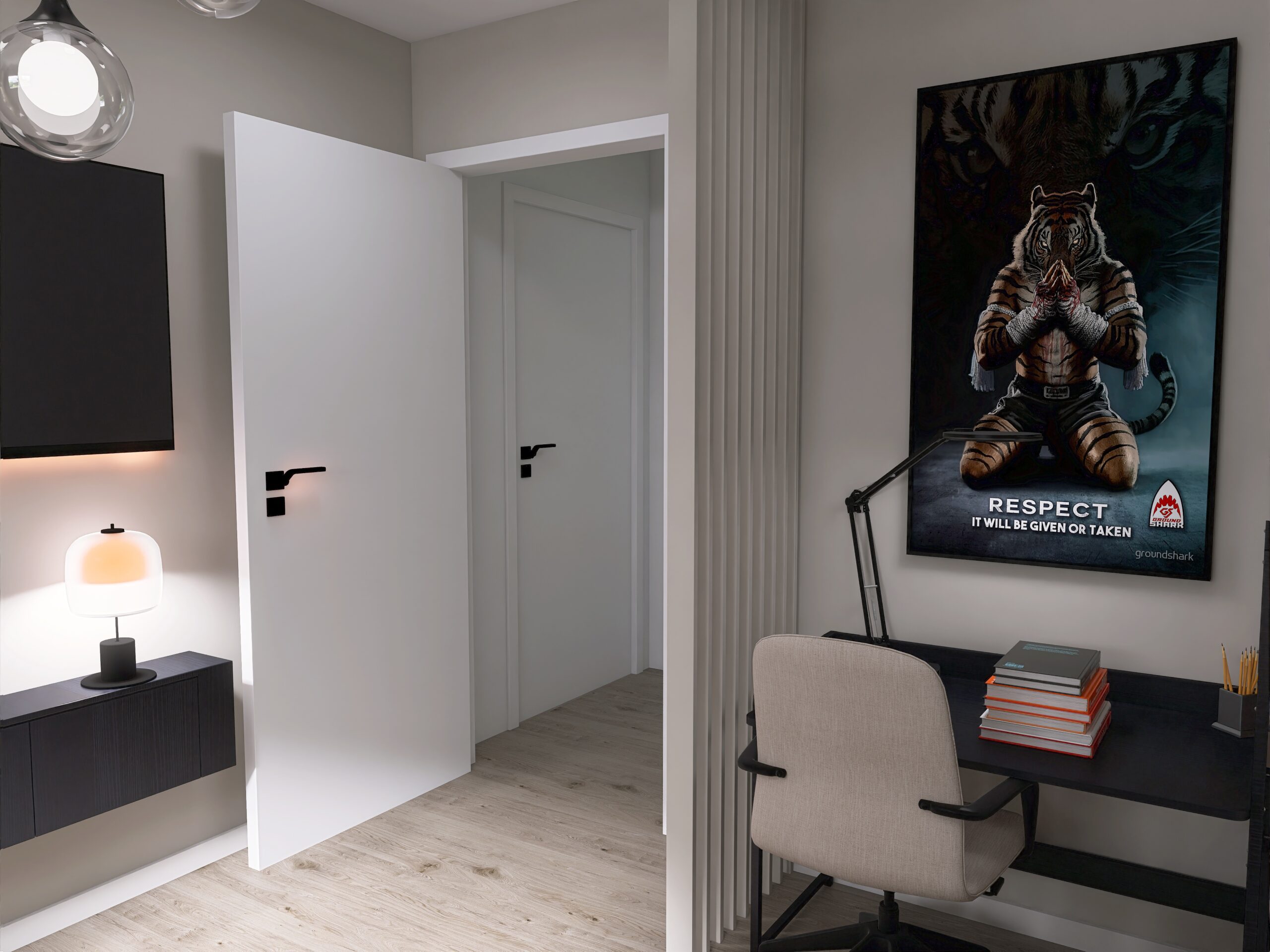 Von Irene Interior Design Studio gestaltetes Homeoffice-Zimmer mit schwarzem Schreibtisch, gepolstertem Bürostuhl und Wandposter über dem Arbeitsplatz. Links offene Tür und helles Holzparkett.