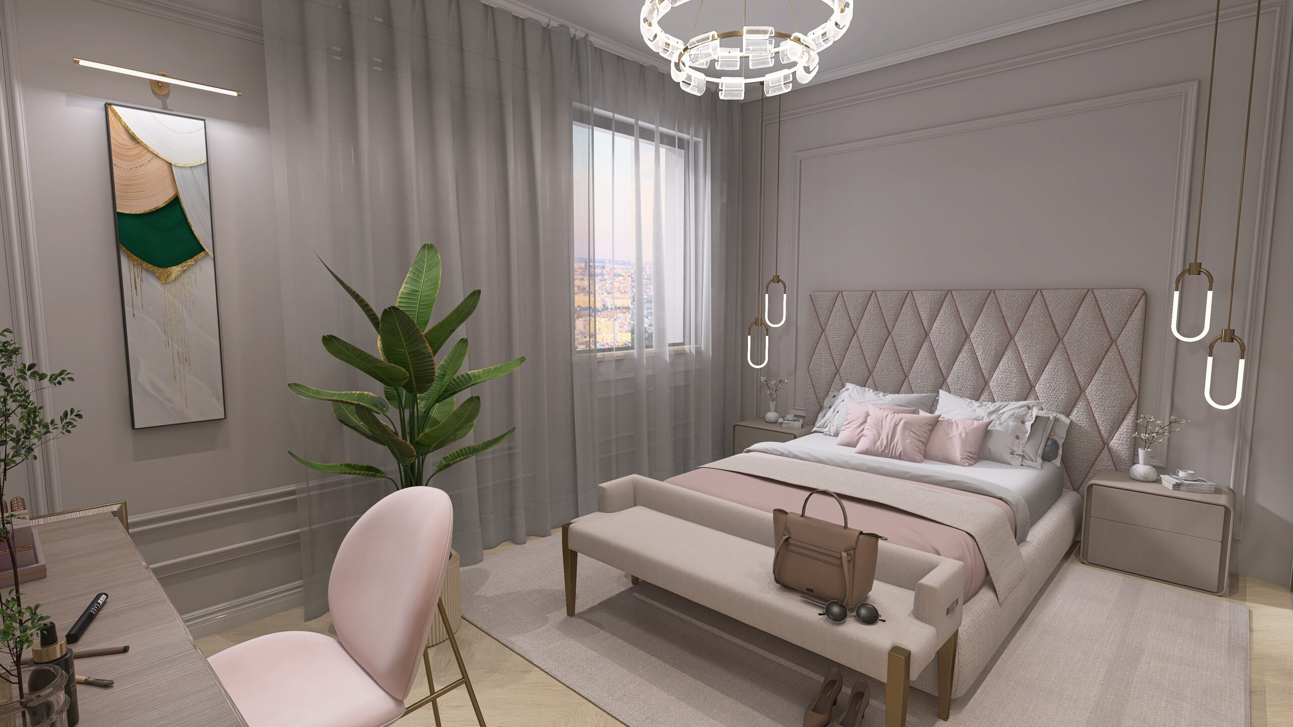 Luxuriöses Schlafzimmer mit gepolstertem Bett und modernem Interior Design