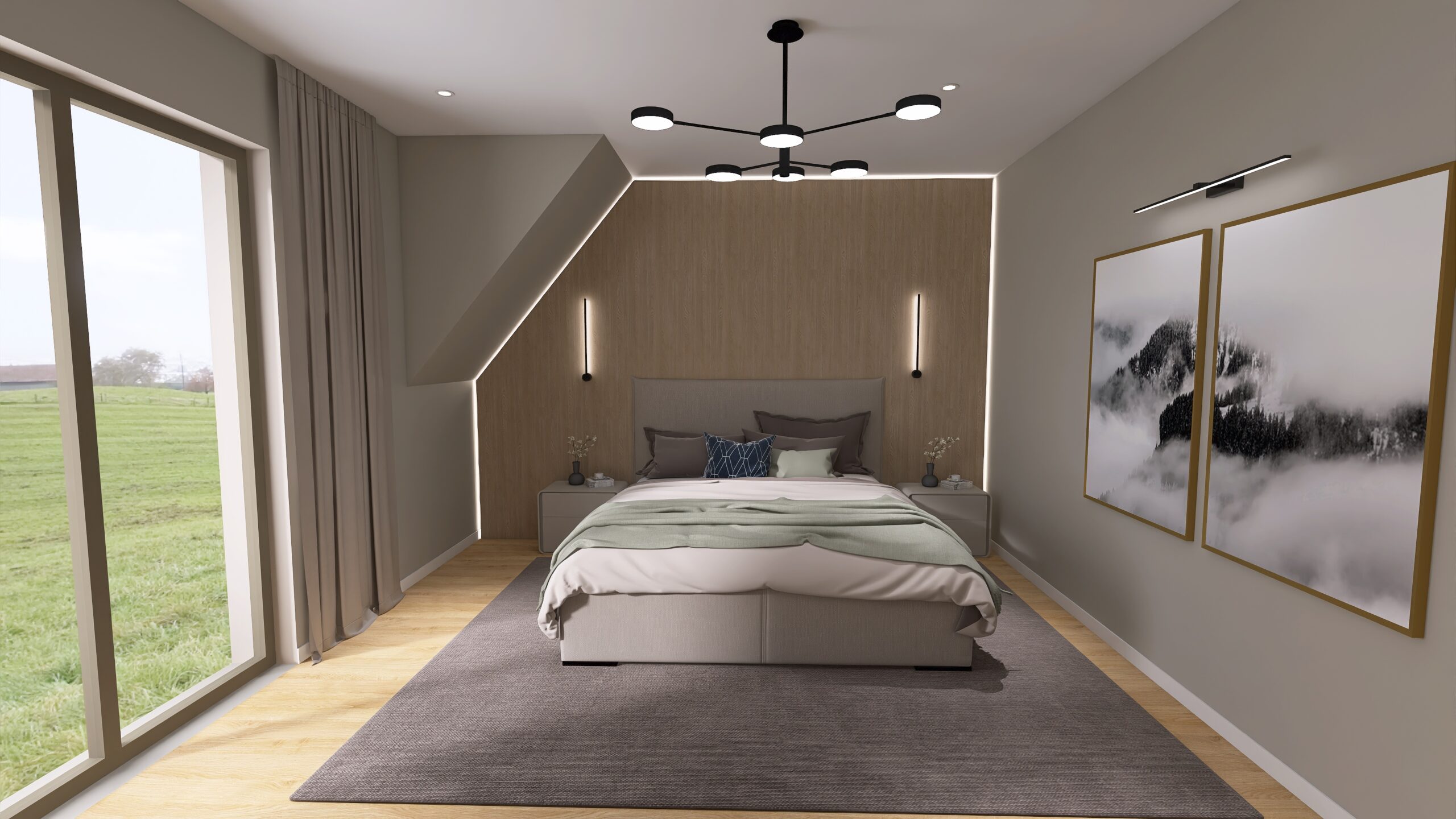 Von Irene Interior Design Studio entworfenes Schlafzimmer mit zentralem Doppelbett, gepolstertem Kopfteil und Holzrückwand mit indirekter LED-Beleuchtung. Links bodentiefes Fenster, rechts gerahmte Wandbilder.